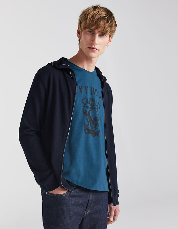 Men’s navy cardigan with ecru striped hood-6