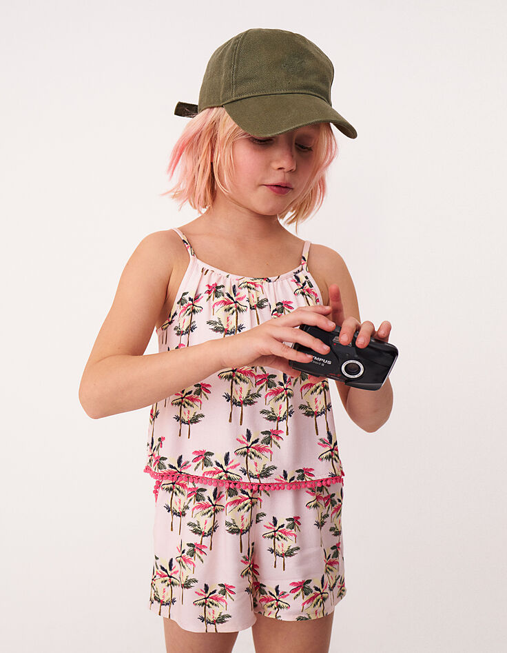 Girls’ light pink palm-tree print playsuit-1 Girls’ light pink palm-tree print playsuit-1