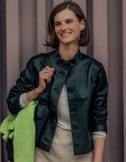 Women's black leather jacket with stand-up collar - IKKS