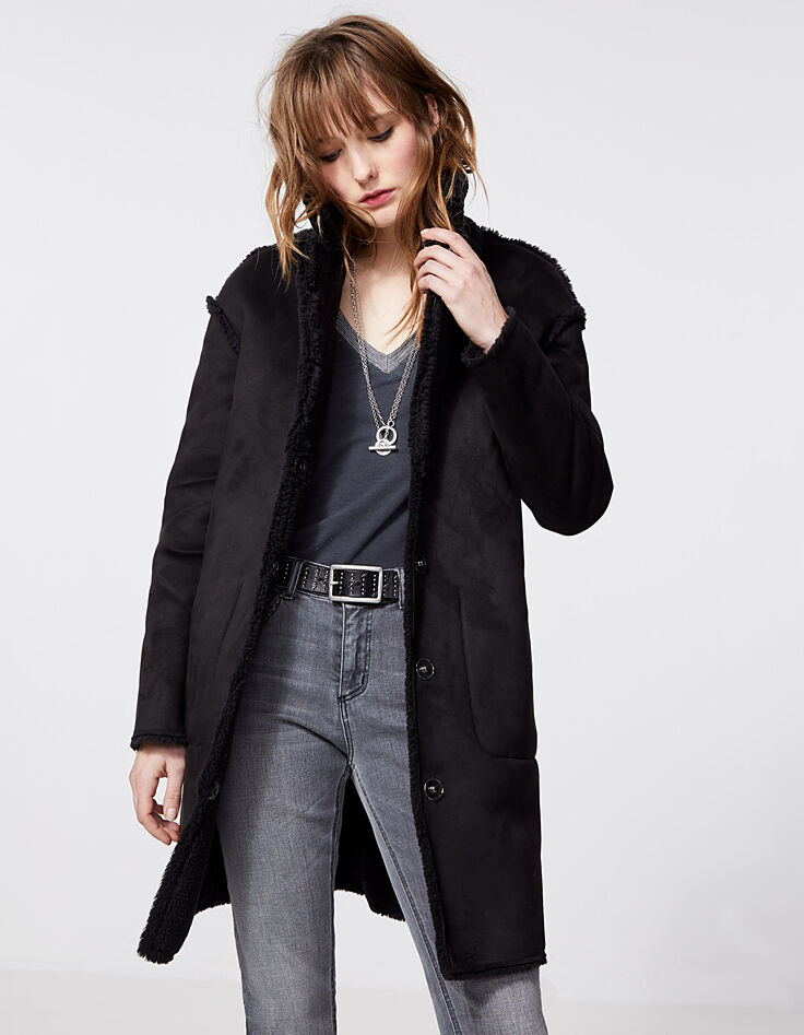Women’s black faux shearling mid-length coat-2