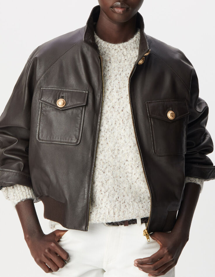 Women's Brown Leather Bomber Jacket-5
