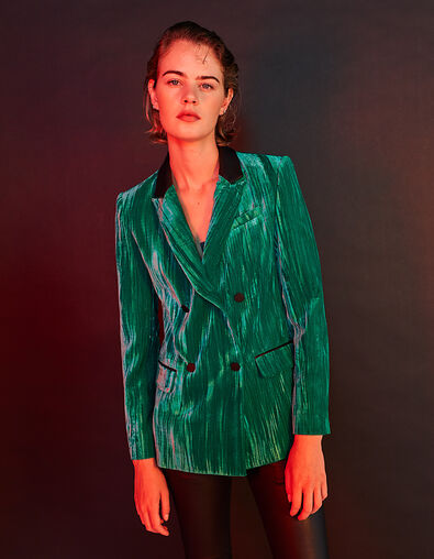 Veste en velours froissé vert col en matière enduite femme - IKKS