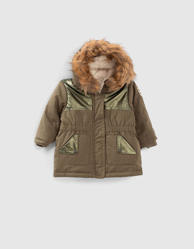 Baby girls’ dark khaki fur-lined mixed-fabric parka - IKKS