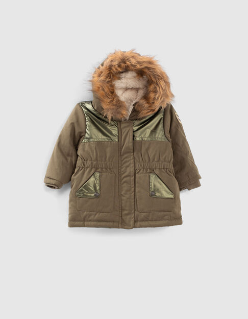 Baby girls’ dark khaki fur-lined mixed-fabric parka - IKKS