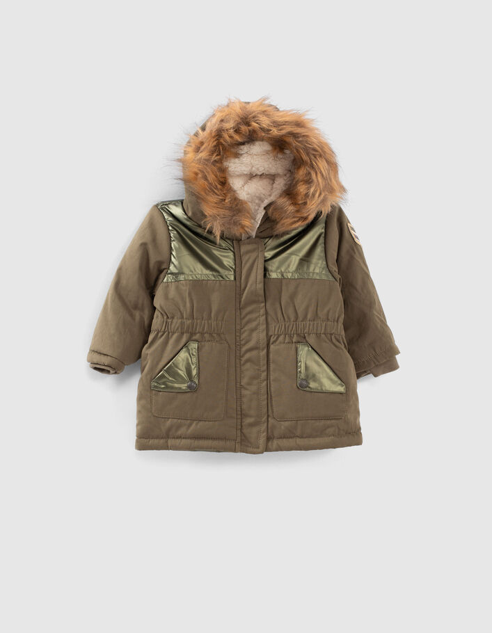 Baby girls’ dark khaki fur-lined mixed-fabric parka - IKKS