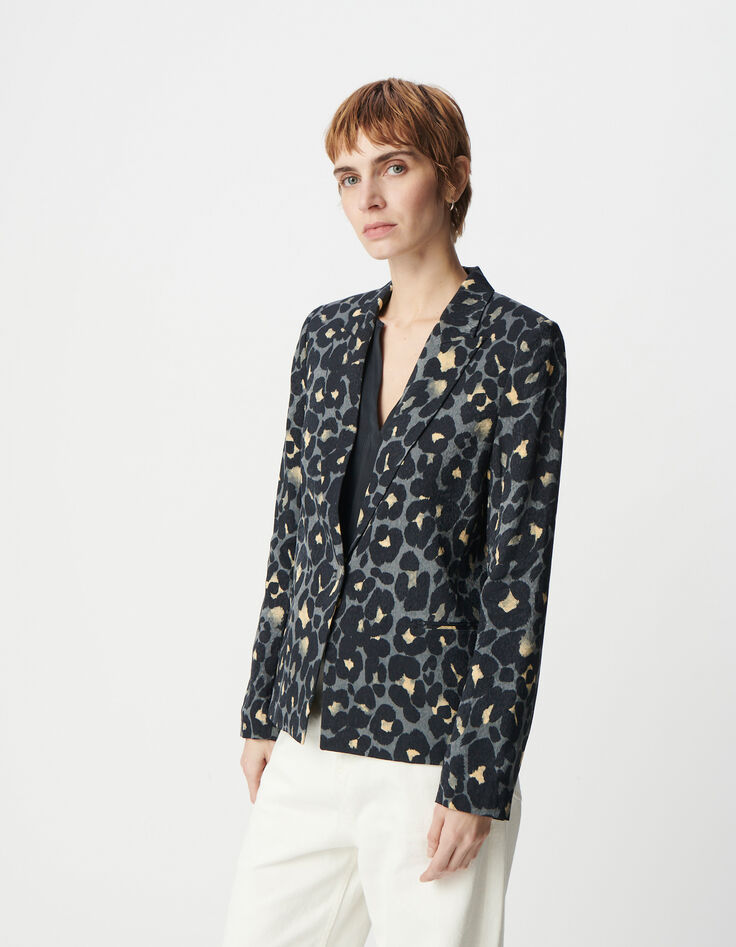 Americana azul marino con estampado animal para mujer-3