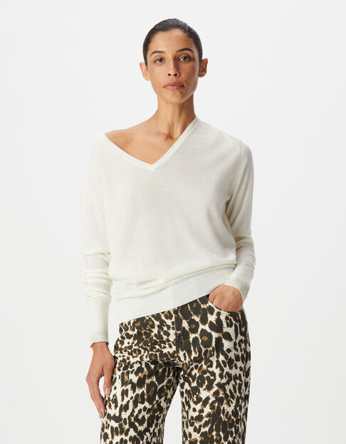 Pull encolure V blanc 100% laine Femme - IKKS