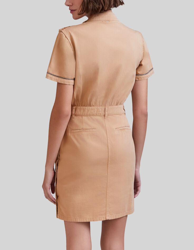 Women’s camel denim dress, pretty braid, side press studs-3
