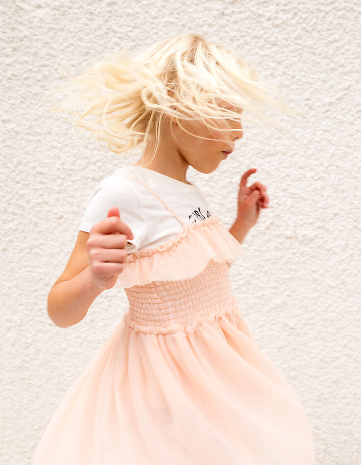 Girls’ blush 2-in-1 smocked tulle dress and slogan T-shirt - IKKS