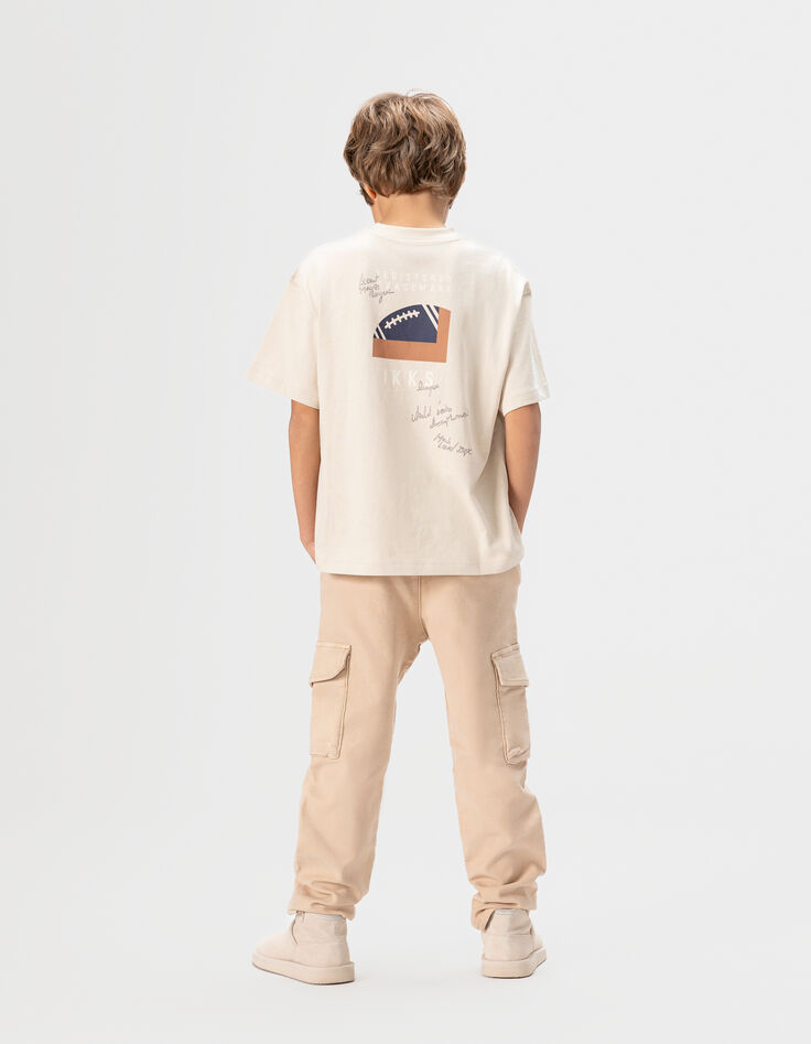 Beige T-shirt biokatoen zak maxi opdruk rug jongens-1