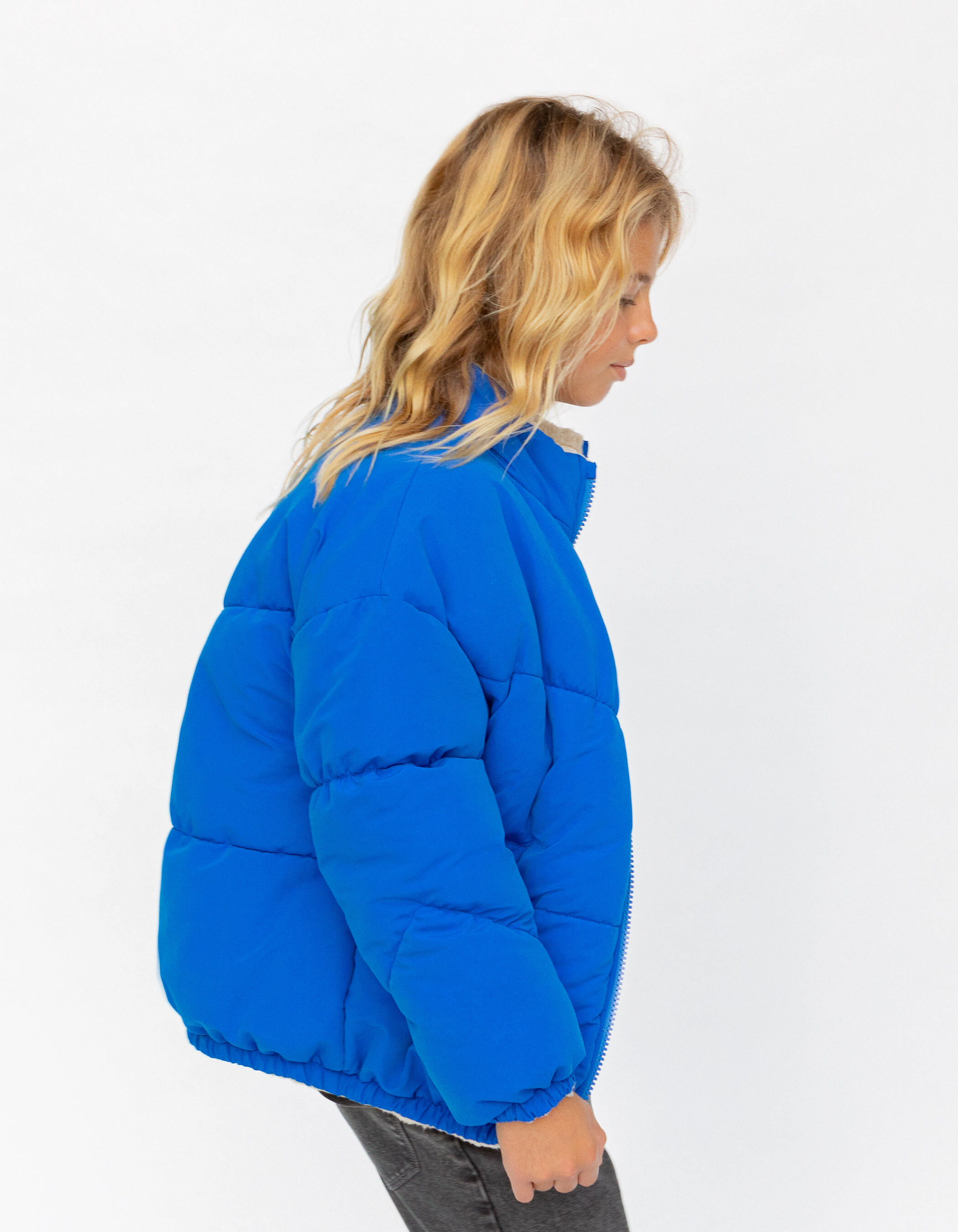 Girls blue ecru Sherpa reversible padded jacket