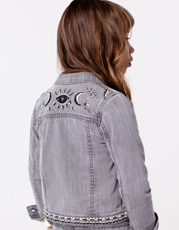 Veste en jean gris broderies ethniques fille-2