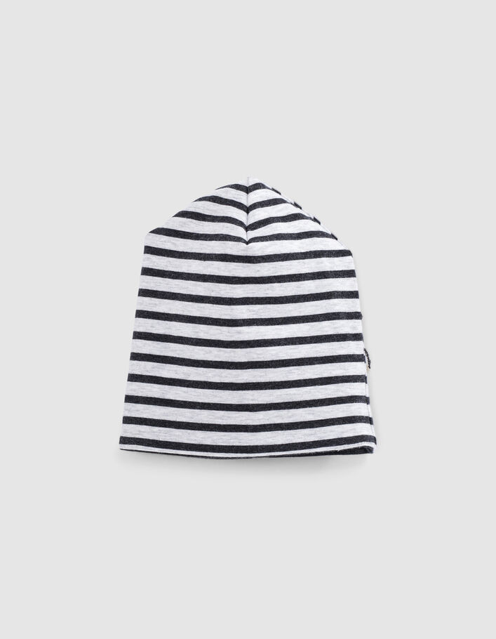 Gorro reversible gris jaspeado y rayas algodón bio bebé-4