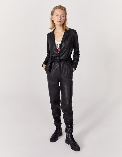 Women&rsquo;s black lambskin leather long jumpsuit - IKKS