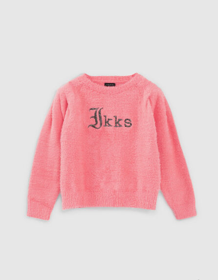 Girls’ bright pink knit sweater, epaulets and embroidery
