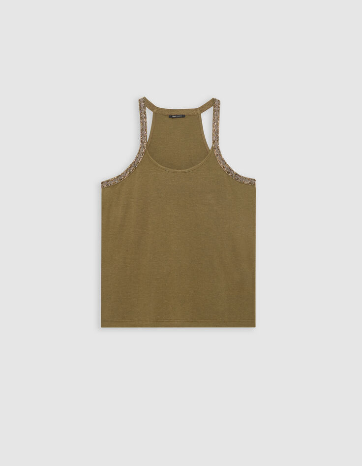 Women’s khaki vest top with bead- embroidered armholes-5