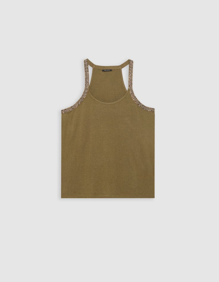Women’s khaki vest top with bead- embroidered armholes-5 Women’s khaki vest top with bead- embroidered armholes-5