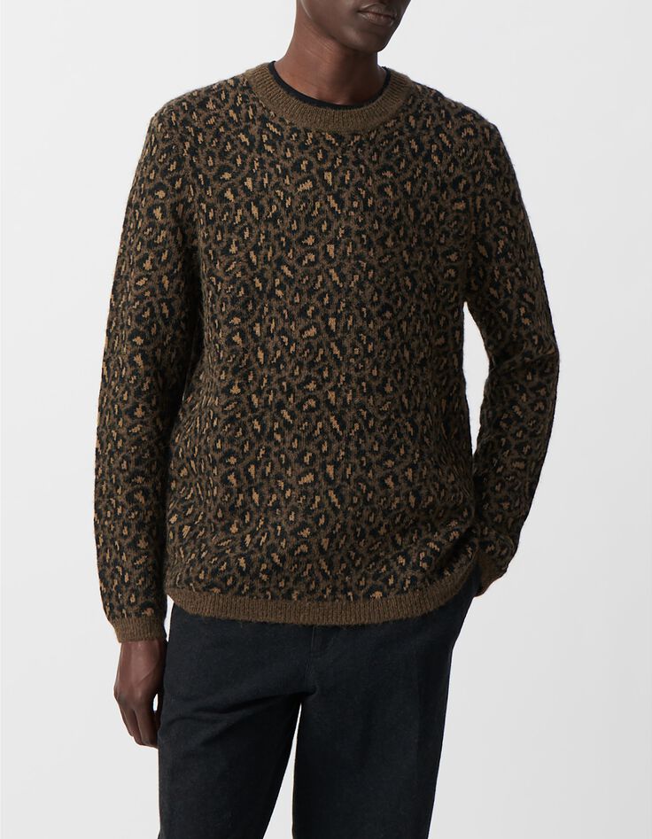 Pull beige tricot jacquard motif l&eacute;opard Homme-7