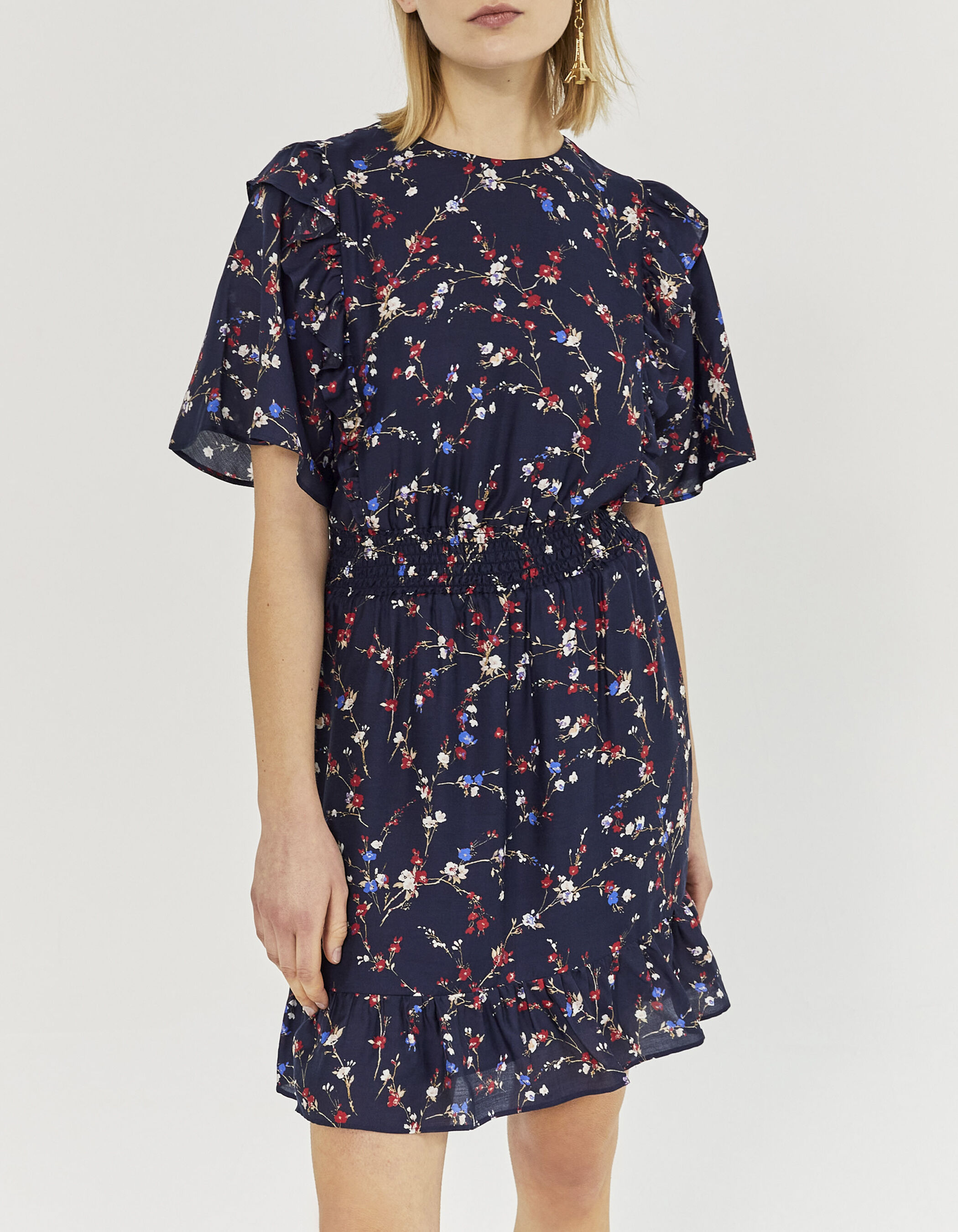 Damenkleid aus Viskose und Seide mit Kirschblütenprint