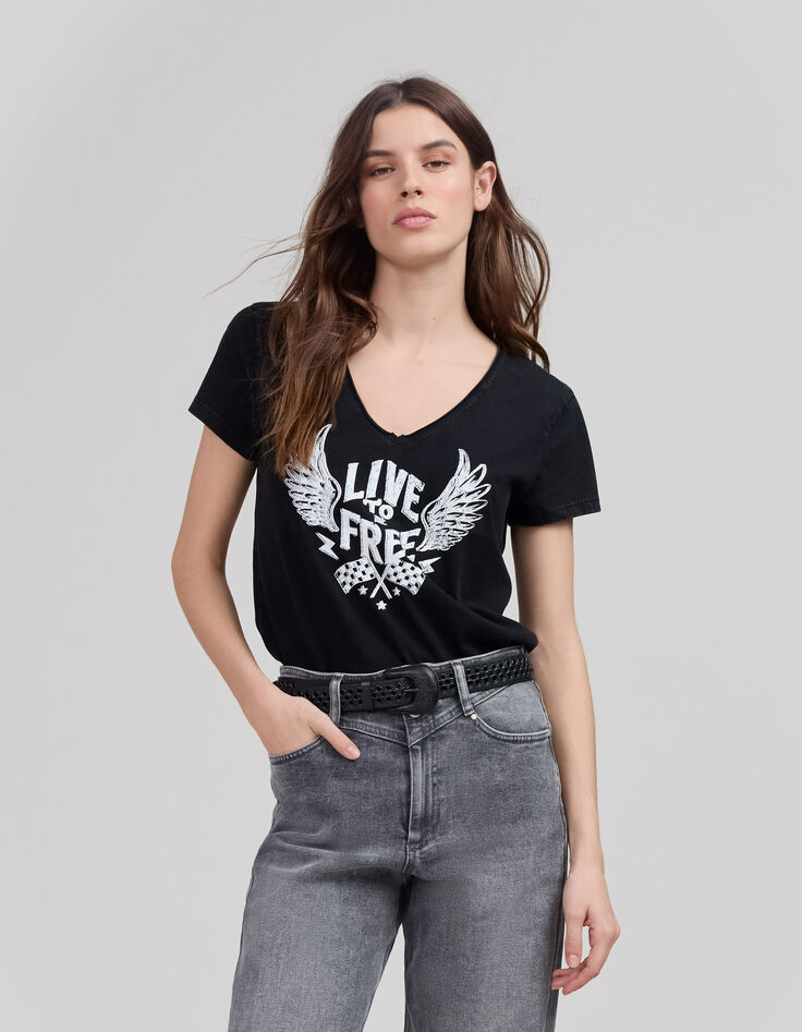 Zwart T-shirt opdruk gevleugelde tekst Dames-2