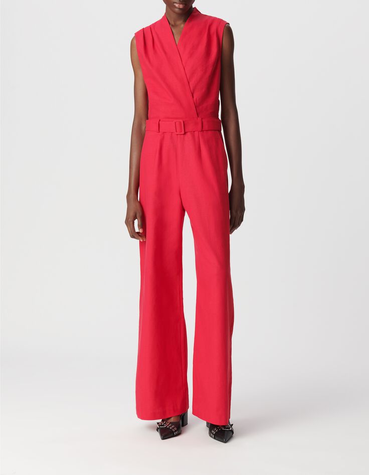 Combinaison rouge cache-coeur ceintur&eacute;e Femme-1