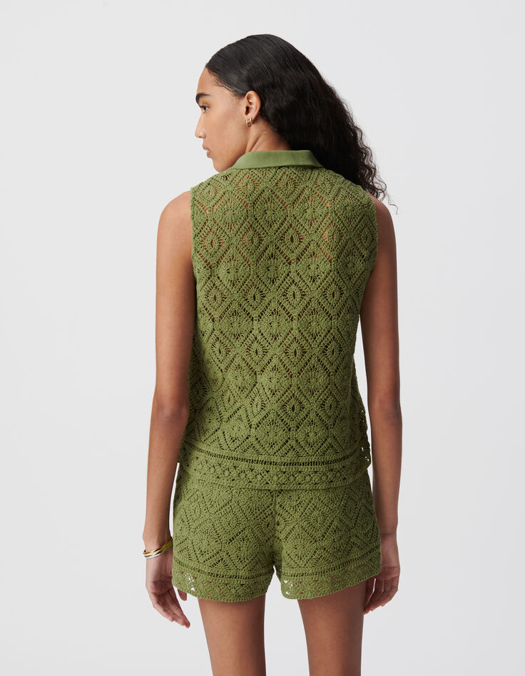 Top col polo vert coton bio dentelle crochet Femme-3