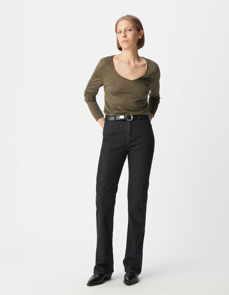 Tee-shirt kaki pailleté broderie chevrons Femme-1