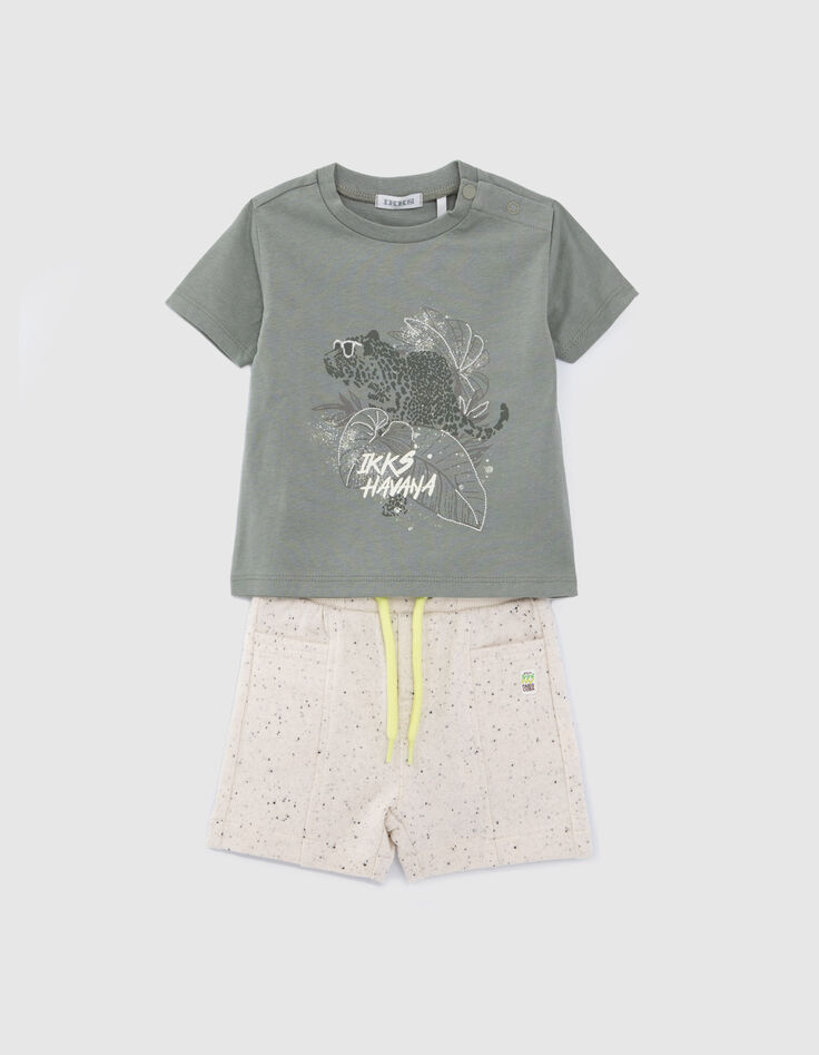 Conjunto camiseta caqui y bermudas color crudo bebé niño-6