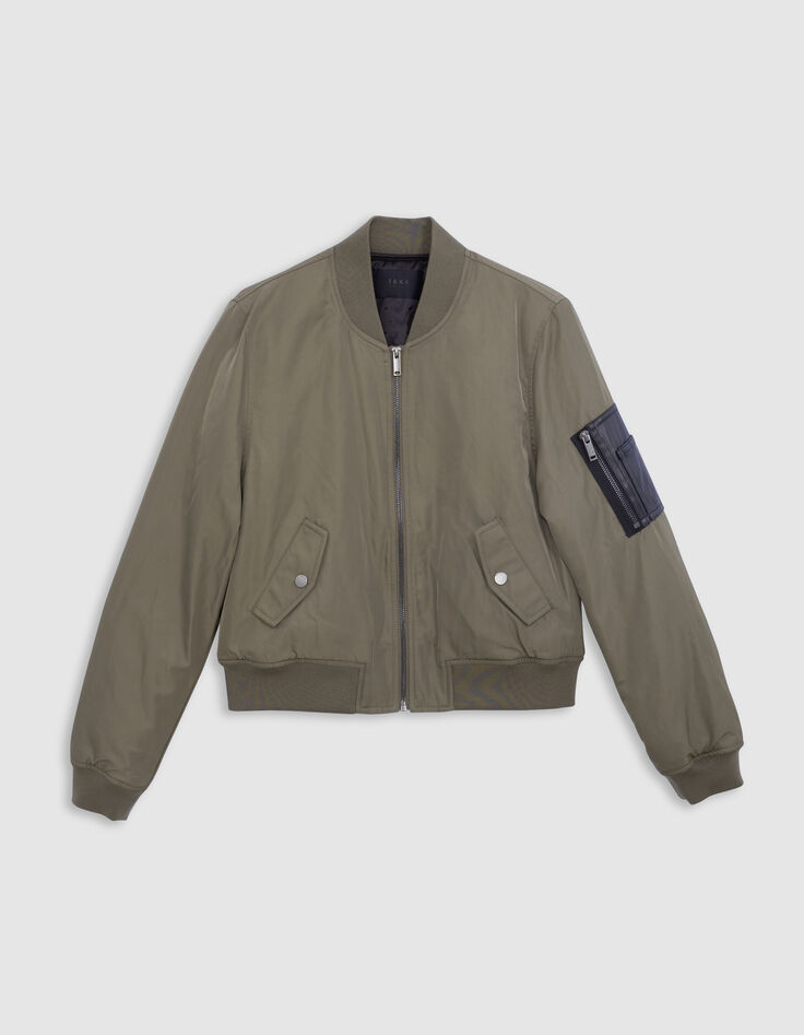 Kurzer khakifarbener Damen-Bomber mit zweiteiliger Rei&szlig;verschlusstasche-6