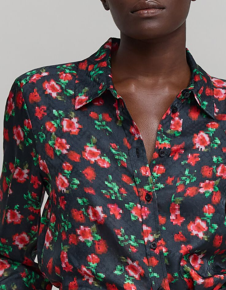 Zwart dameshemd met bloempixelprint-5