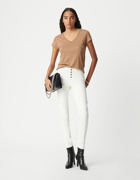 Women's white cropped jeans with visible powerstretch buttons - IKKS