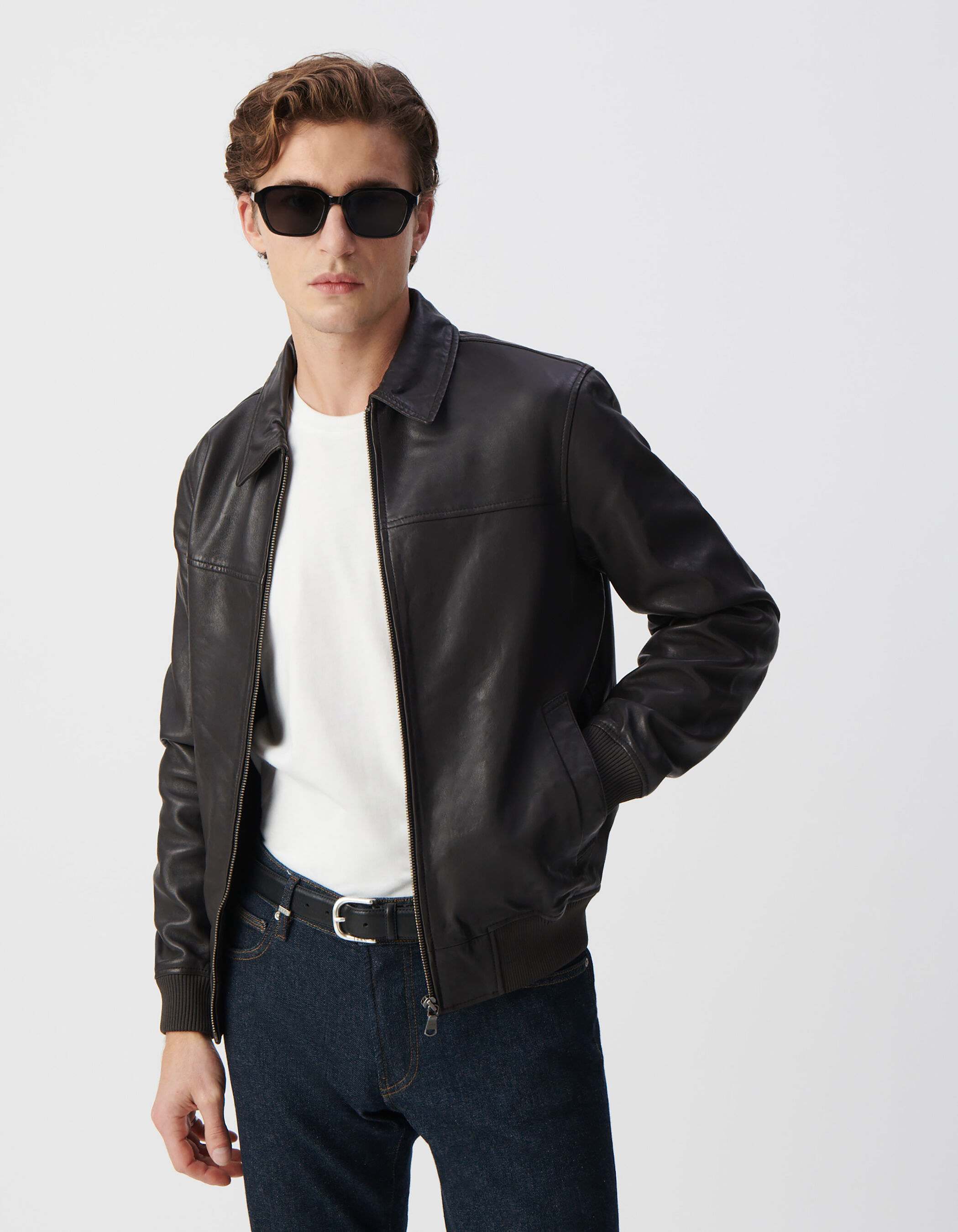 Blouson aviateur cafe noir en cuir certifie Homme IKKS