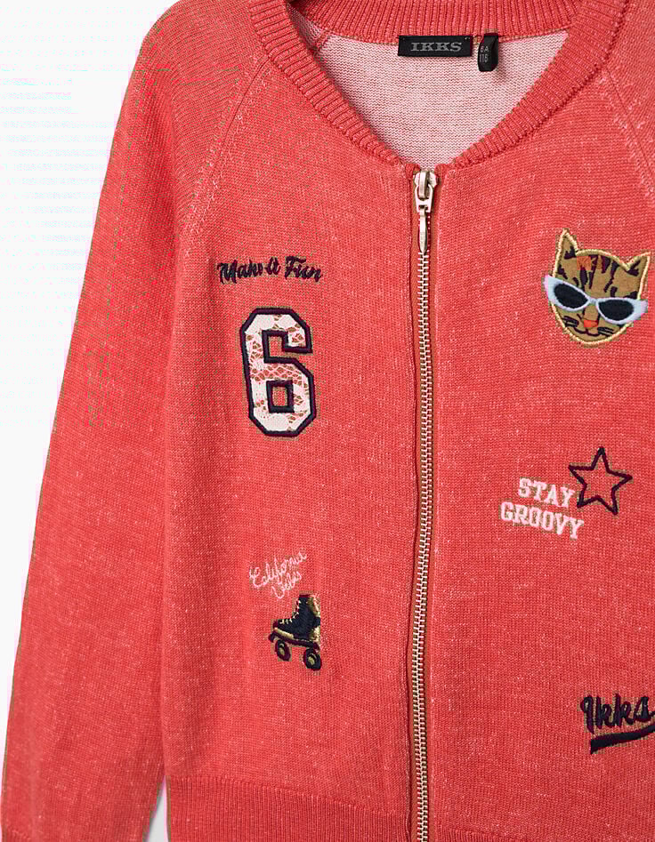 Cardigan orange fonc&eacute; brod&eacute; fille-2