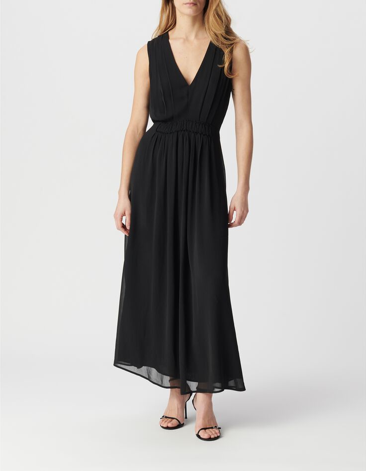 Robe longue noire d&eacute;tail pliss&eacute; taille Femme-1