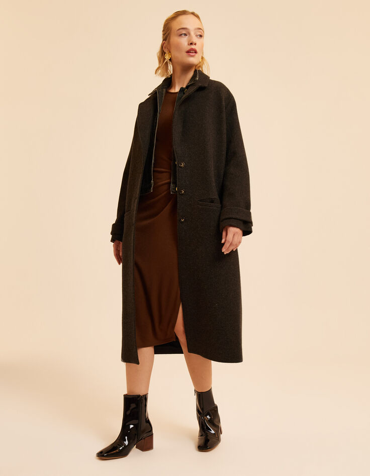 Manteau long marron motif chevrons I.Code-3