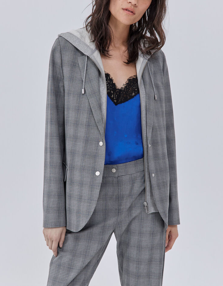Americana de traje de cuadros con capucha para mujer-10