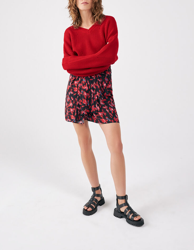 Pull rouge encolure V tricot fantaisie Femme-5