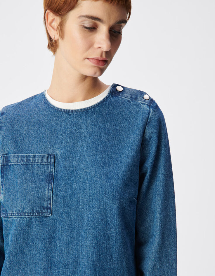 Women's blue denim dress with three patch pockets-6