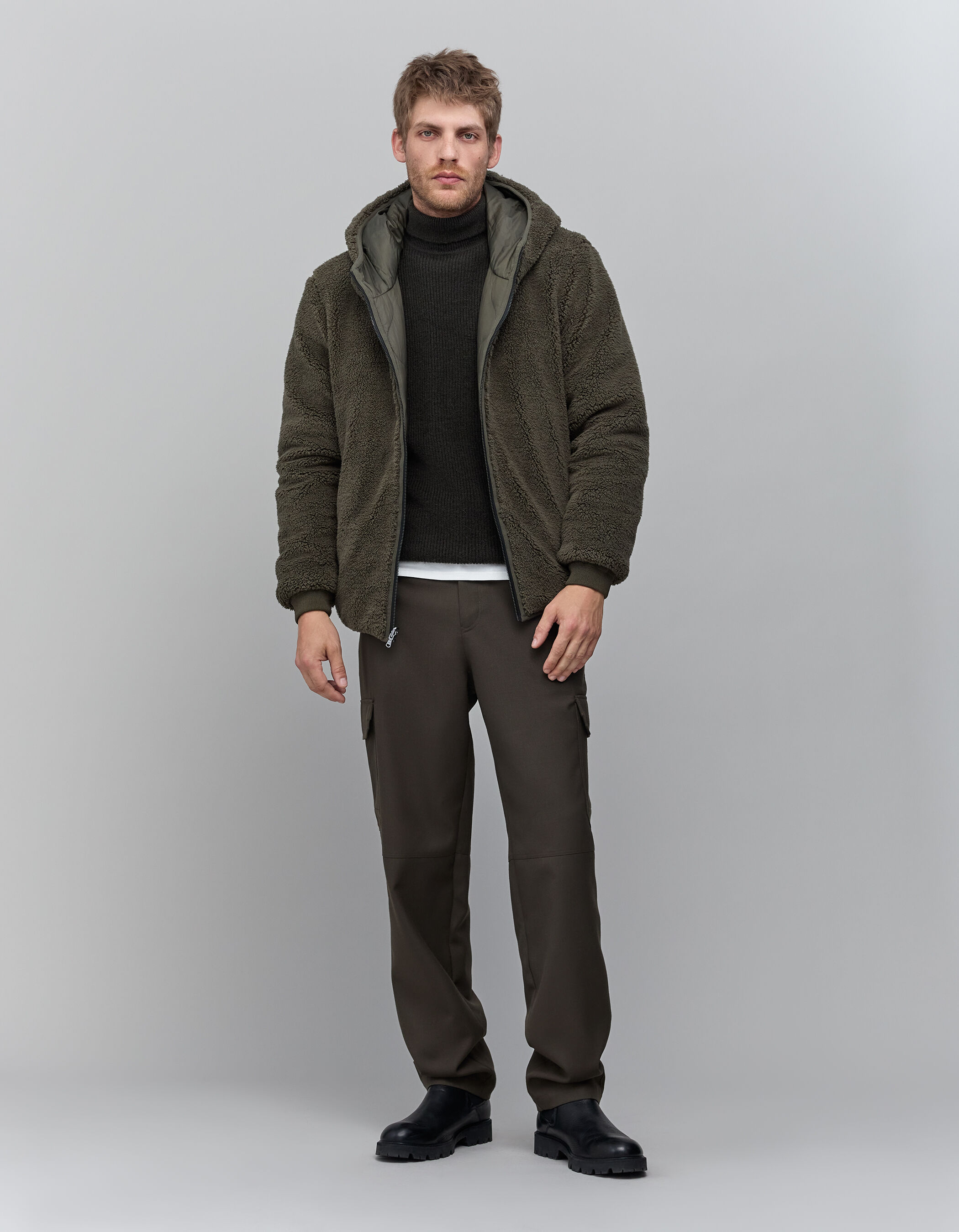 Doudoune reversible kaki nylon matelasse et sherpa Homme IKKS