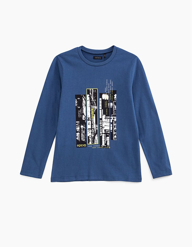 Boys’ raw blue T-shirt with Tokyo neon photos-1