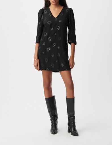 Robe housse mi-cuisse noire motif l&eacute;opard brod&eacute; sequins Femme - IKKS