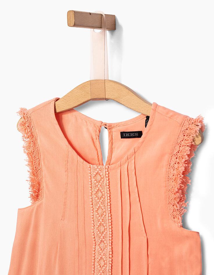 Girls’ peach dress, lace trim-4
