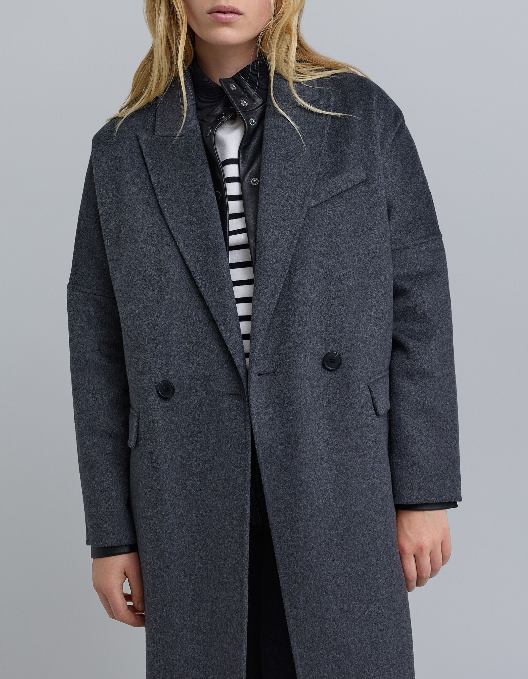 Women's long grey double-breasted coat