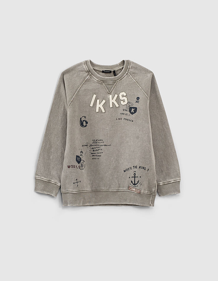 Sudadera gris jaspeado medio con print y parches niño -2