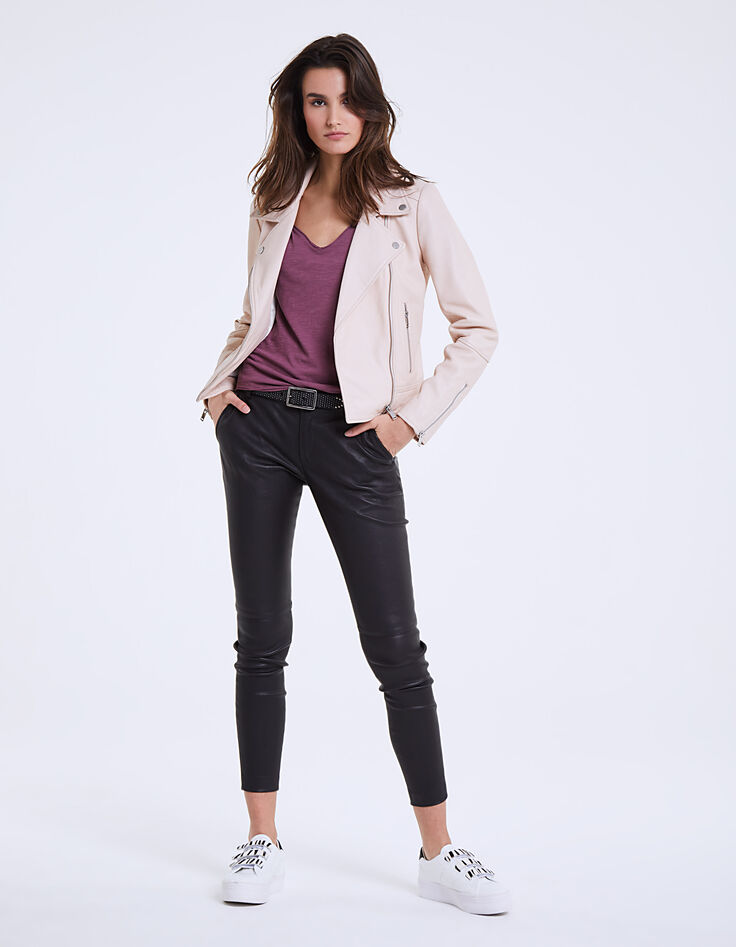 Blouson nude en cuir d'agneau détails zips femme-5