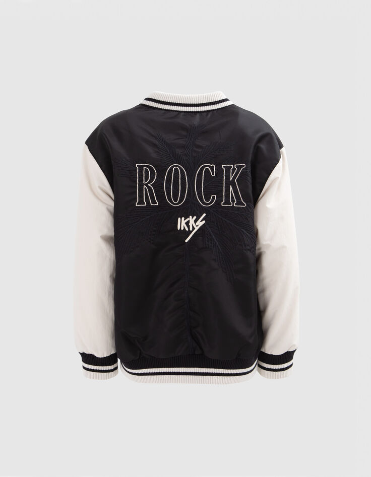 Boys’ black Varsity jacket, ecru sleeves, embroidered back-2
