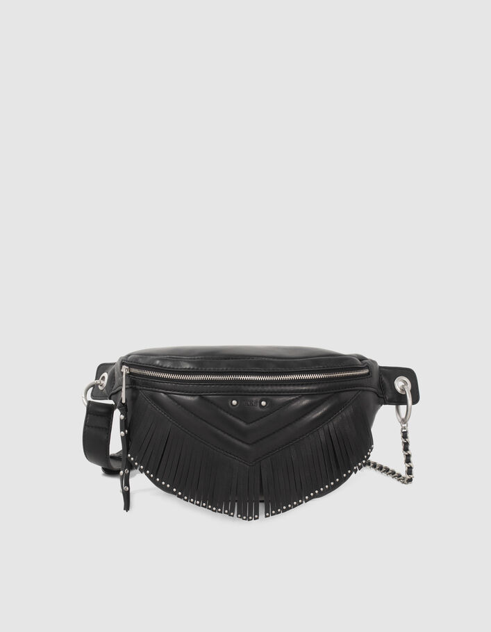 Women’s black leather fringed 1440 Belt Pocket bag - IKKS