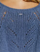 Pull en maille ajourée bleu ardoise col roulotté femme-5