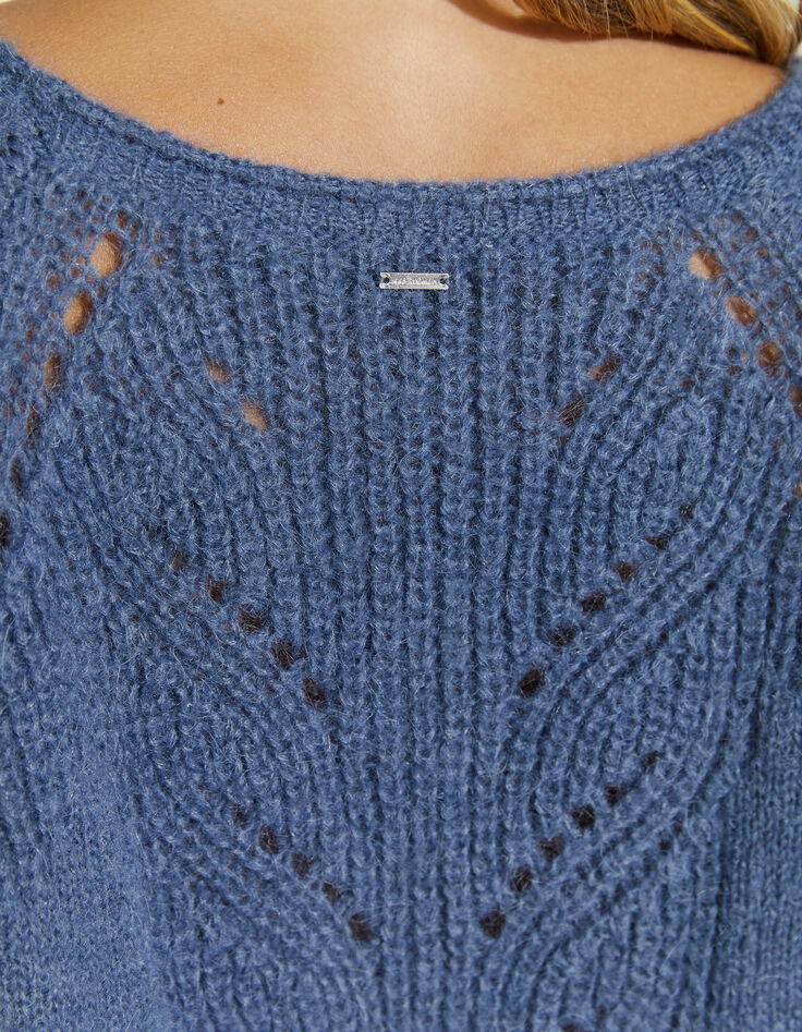 Pull en maille ajourée bleu ardoise col roulotté femme-5