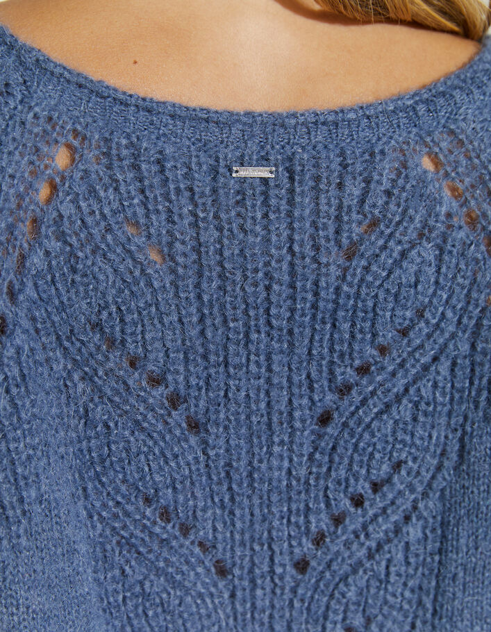 Women’s slate blue openwork knit sweater with rolled neck - IKKS